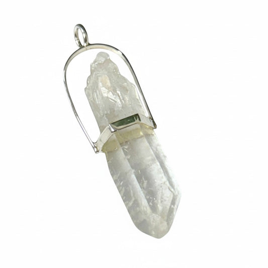 Clear Quartz Halo Set Rough Pendant in Silver