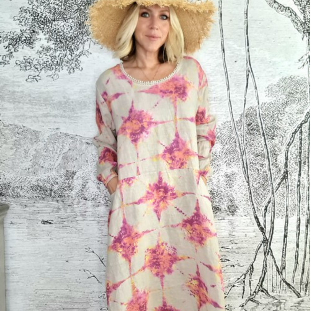 Italian Linen - BEIGE TIE DYE ZOE MAXI DRESS