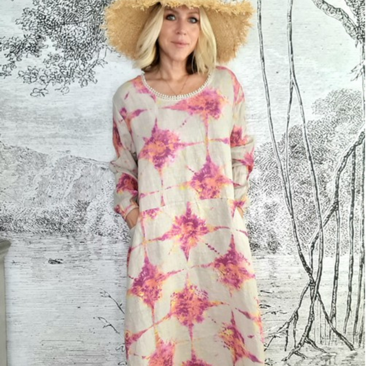 Italian Linen - BEIGE TIE DYE ZOE MAXI DRESS