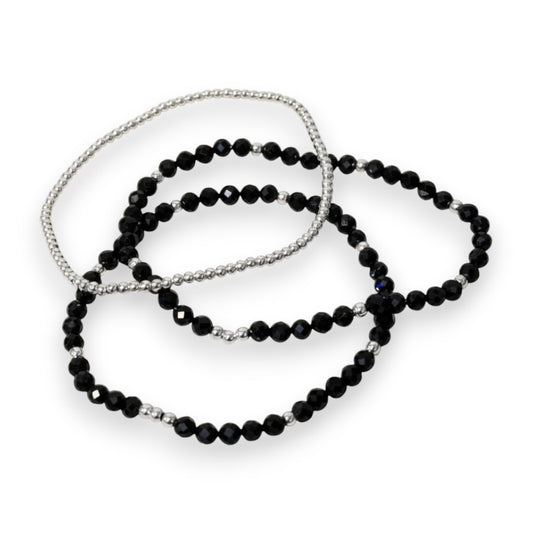 Trio Bracelet Set - Black Tourmaline & Silver - Protection & Grounding