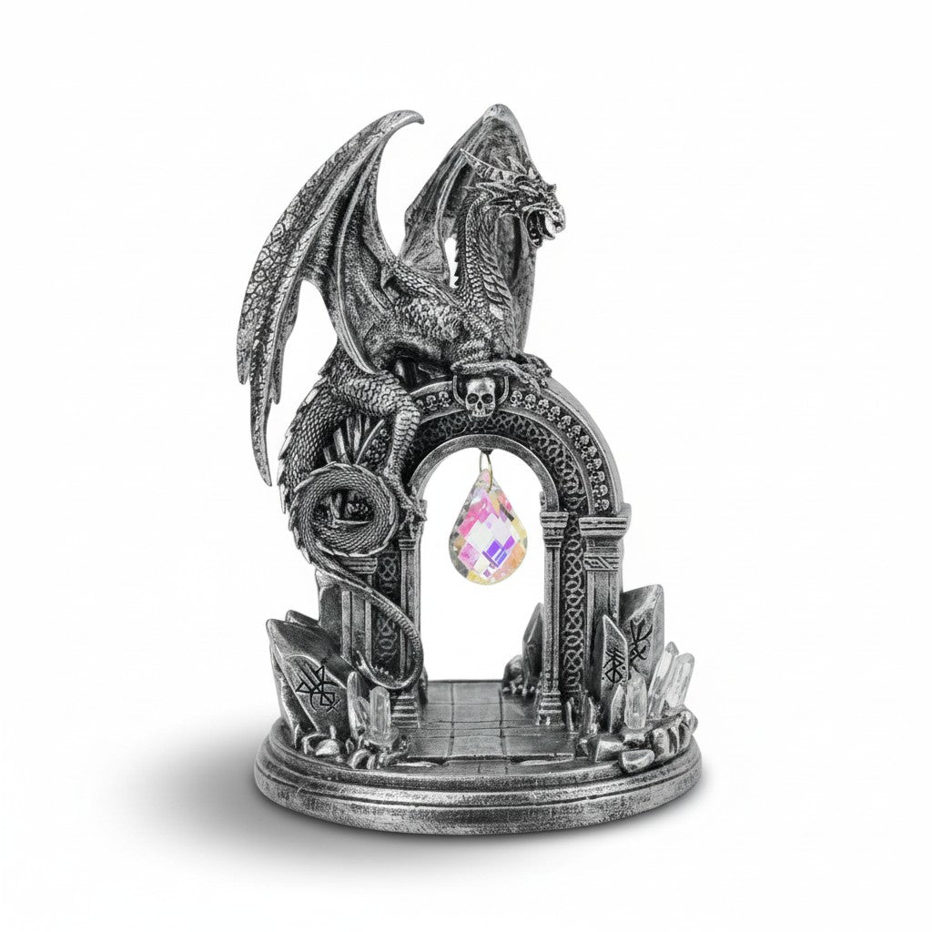 Black Dragon on Celtic Archway Door with Hanging Crystal
