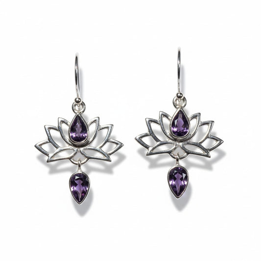 Amethyst Lotus Earrings in Silver