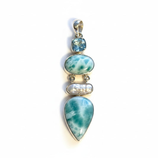Larimar, Biwa Pearl and Blue Topaz Pendant