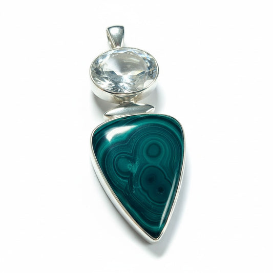 Malachite & Clear Quartz Goddess Pendant Silver
