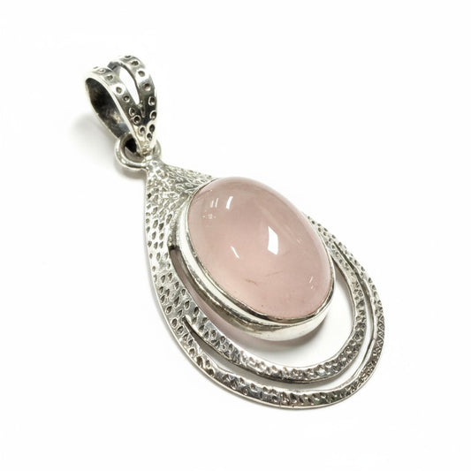 Rose Quartz Hammered Silver Oval Pendant