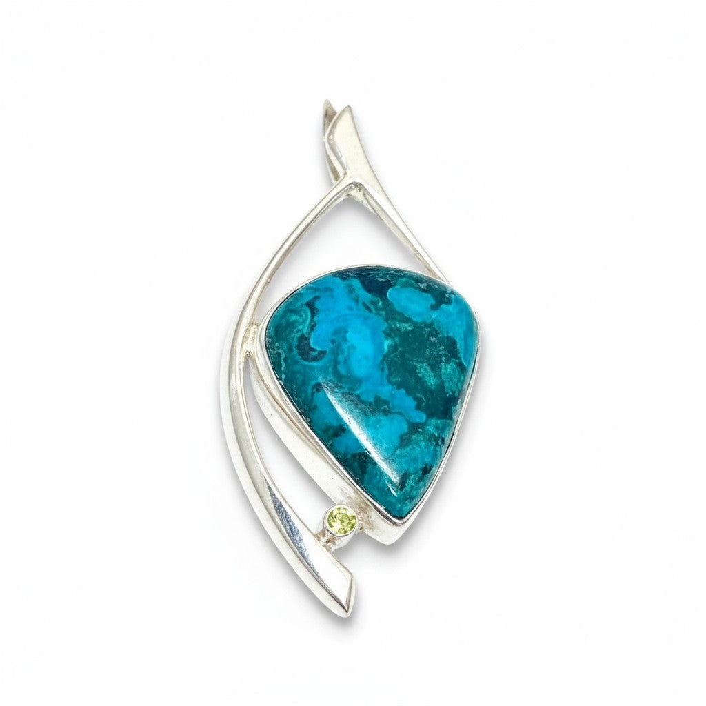 Chrysocolla & Peridot Teardrop Aztec Pendant Silver