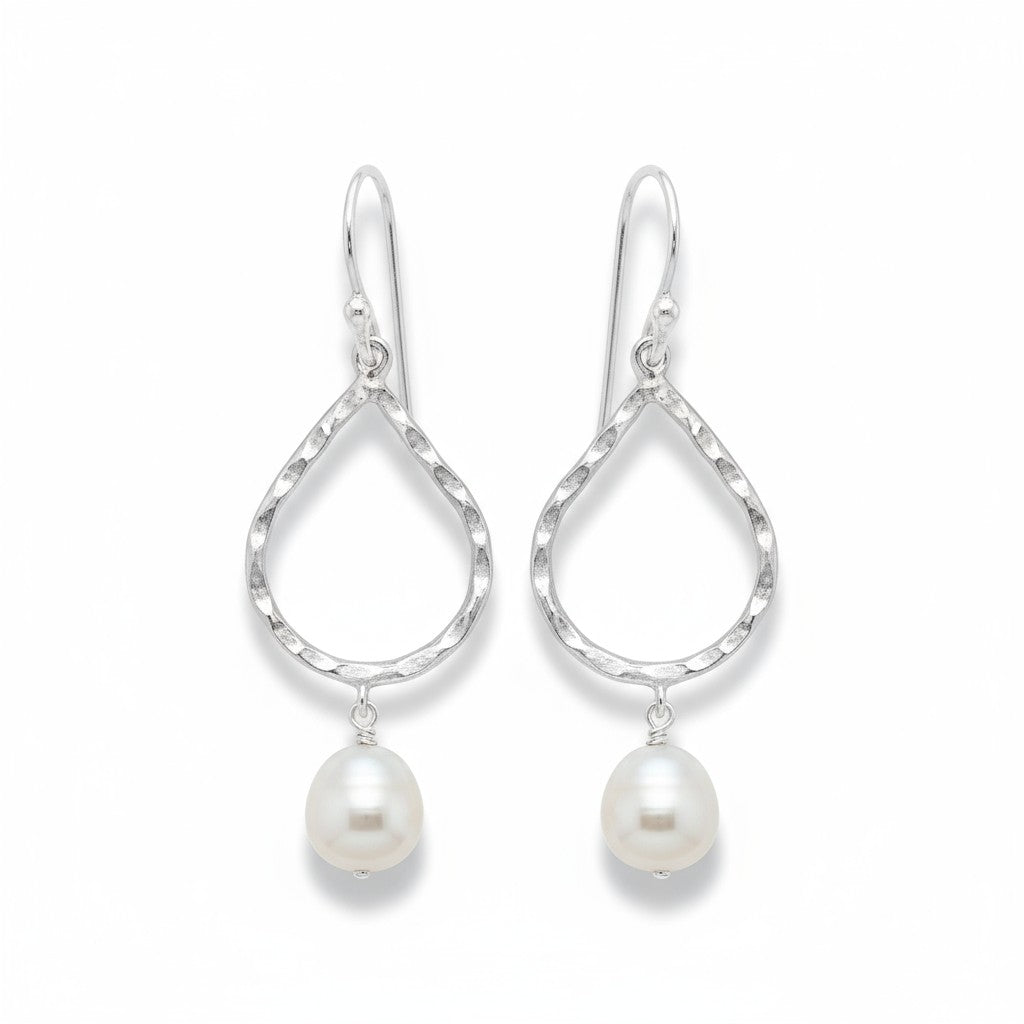 Freshwater Pearl drop with teardrop beaten Earrings