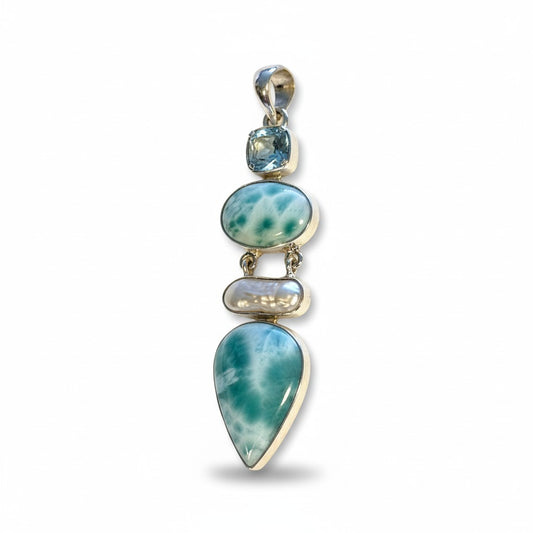 Larimar, Biwa Pearl and Blue Topaz Pendant