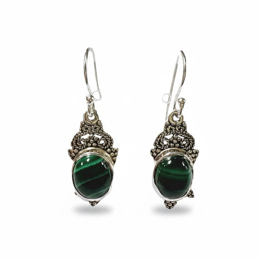 Malachite Persian Goddess Silver Earrings