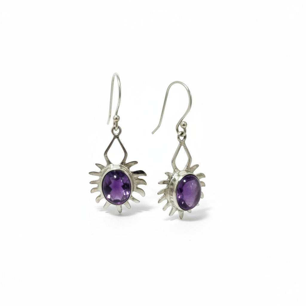 Amethyst Silver Earrings Egyptian Sun