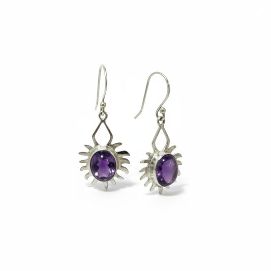 Amethyst Silver Earrings Egyptian Sun