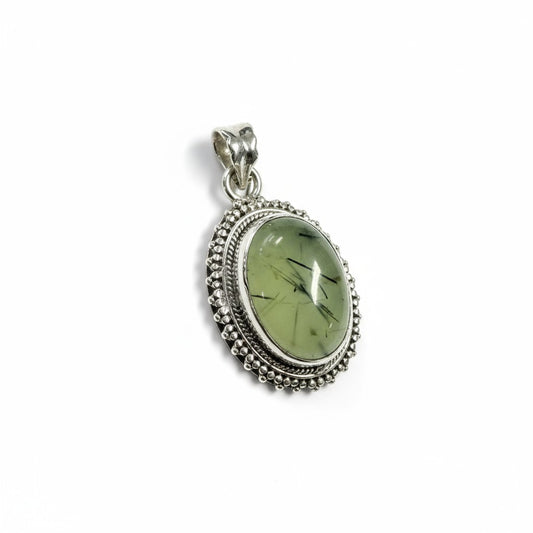 Prehnite Hair Filagree Oval Silver Pendant