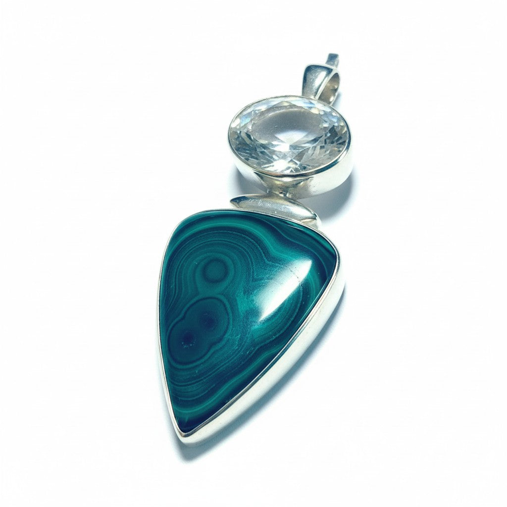 Malachite & Clear Quartz Goddess Pendant Silver
