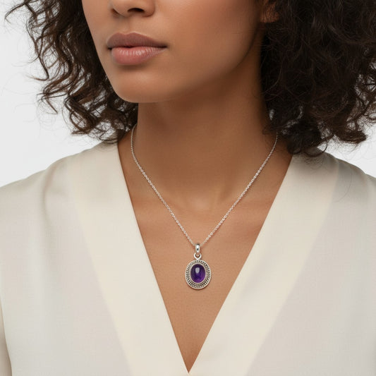 Amethyst Oval Filagree Silver Pendant