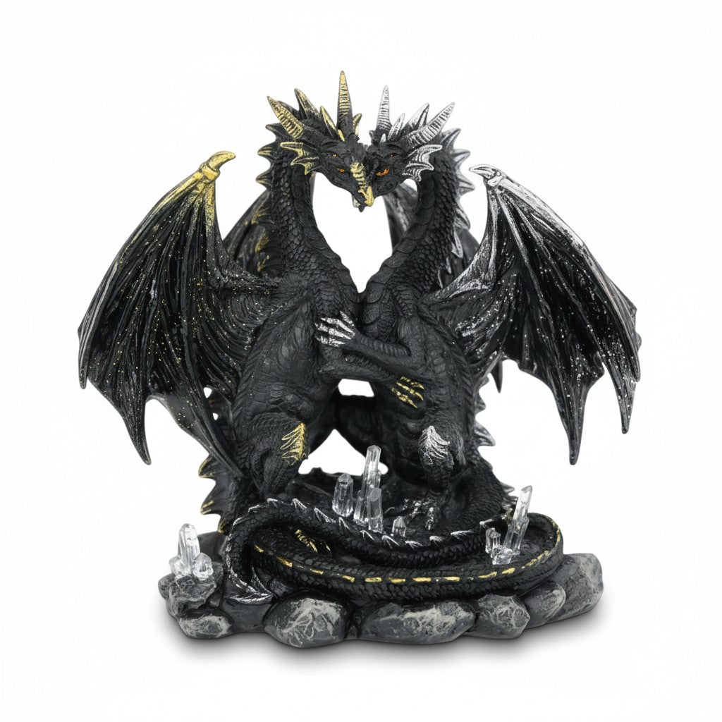 20cm Twin Black Lover Dragons on Crystal Rock