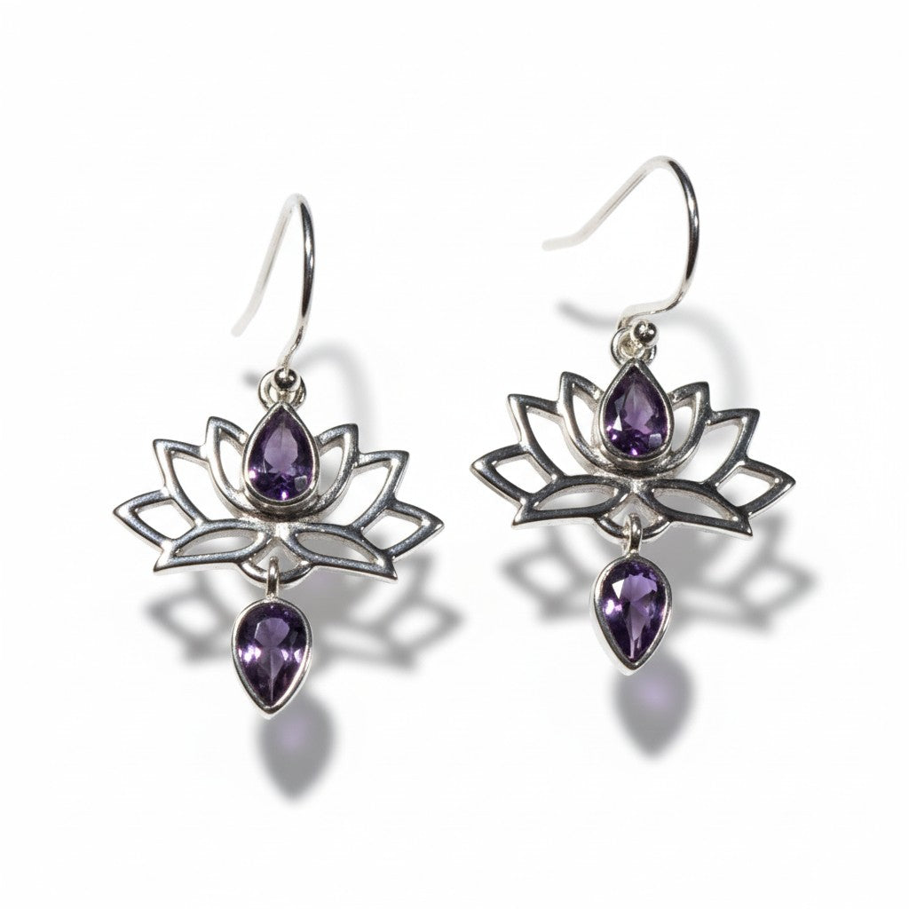 Amethyst Lotus Earrings in Silver