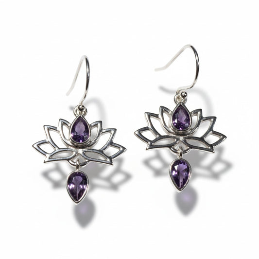 Amethyst Lotus Earrings in Silver
