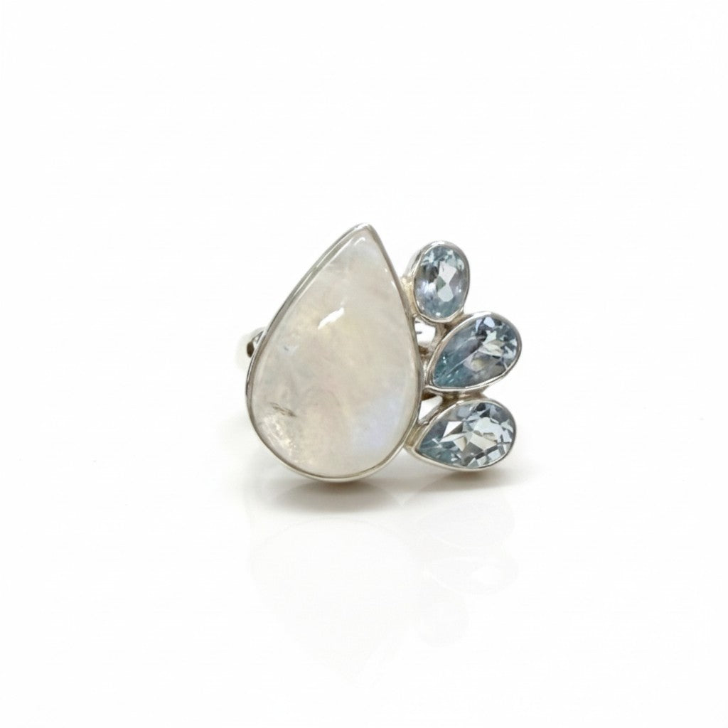 Rainbow Moonstone & Blue Topaz Ring in Silver