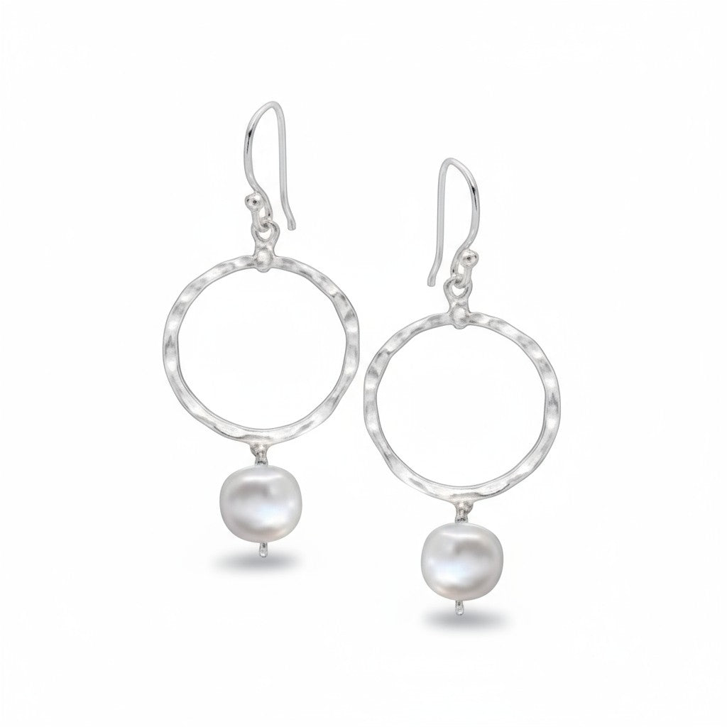 Freshwater Pearl drop with round beaten Earring