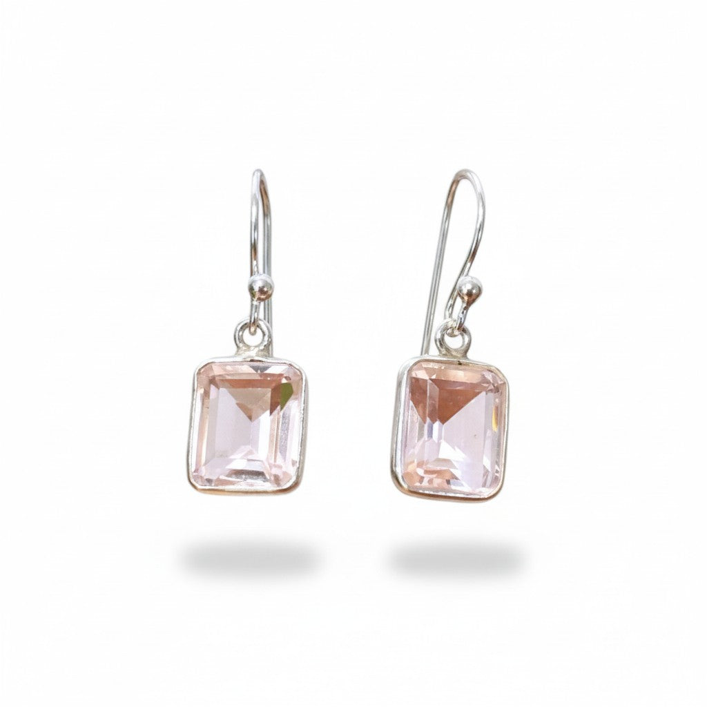 Rose Quartz Rectangle Faceted Silver Earrings