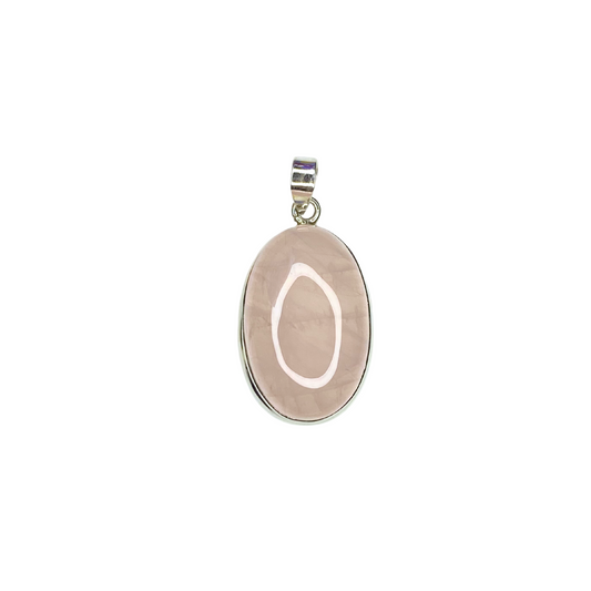 An oval-shaped rose quartz crystal pendant with a silver setting and a loop for attachment.