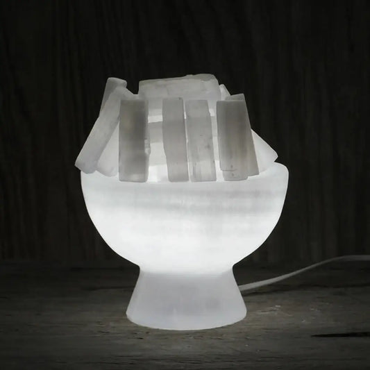 Selenite Fire Bowl Lamp with White LED Bulb crystal lamp
