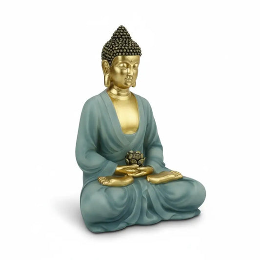 Sitting Rulai Buddha in Premium Sage Blue Finish Buddha
