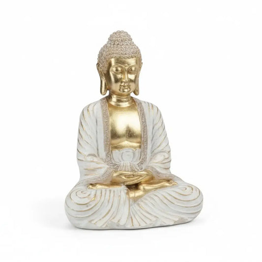Sitting Rulai Buddha in White & Gold Buddha