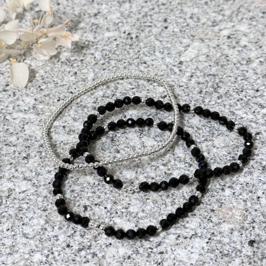 Trio Bracelet Set - Black Tourmaline & Silver - Protection & Grounding bracelet
