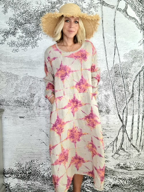 Italian Linen - BEIGE TIE DYE ZOE MAXI DRESS