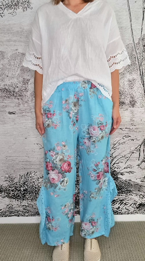 Italian Linen -AQUA BLUE HIGH TEA LACE LEG PANT