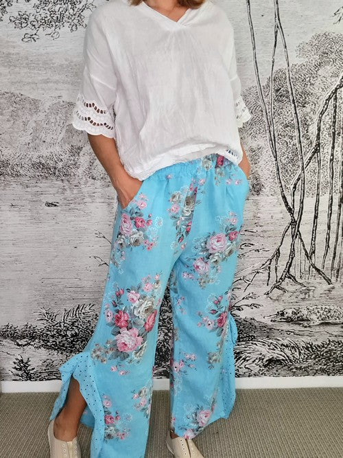 Italian Linen -AQUA BLUE HIGH TEA LACE LEG PANT