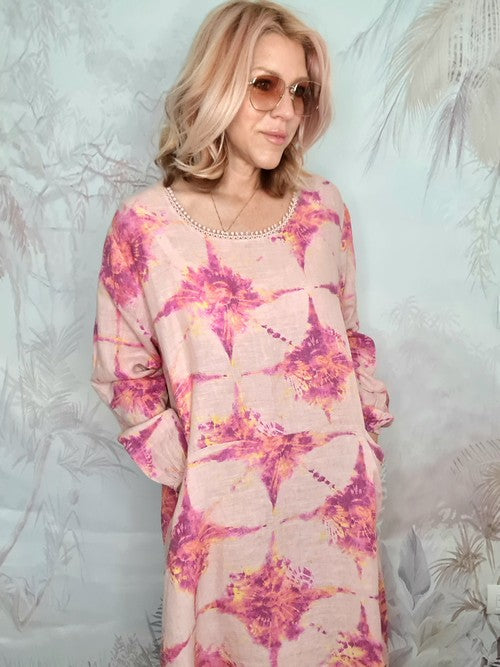 Italian Linen - PINK TIE DYE ZOE MAXI DRESS