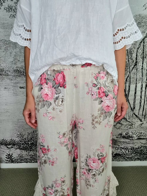 Italian Linen - VANILLA HIGH TEA LACE LEG PANT