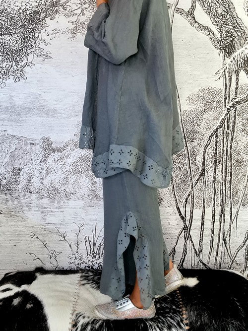 Italian Linen - GREY LACE LEG LINEN PANT