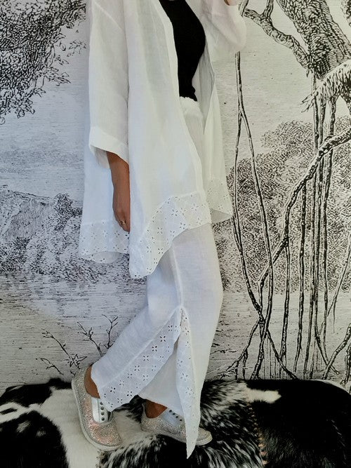 Italian Linen - WHITE LACE LEG LINEN PANT