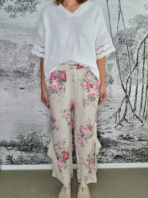Italian Linen - VANILLA HIGH TEA LACE LEG PANT