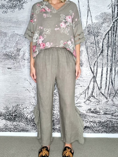 Italian Linen - MOCHA PLAIN LACE LEG PANT