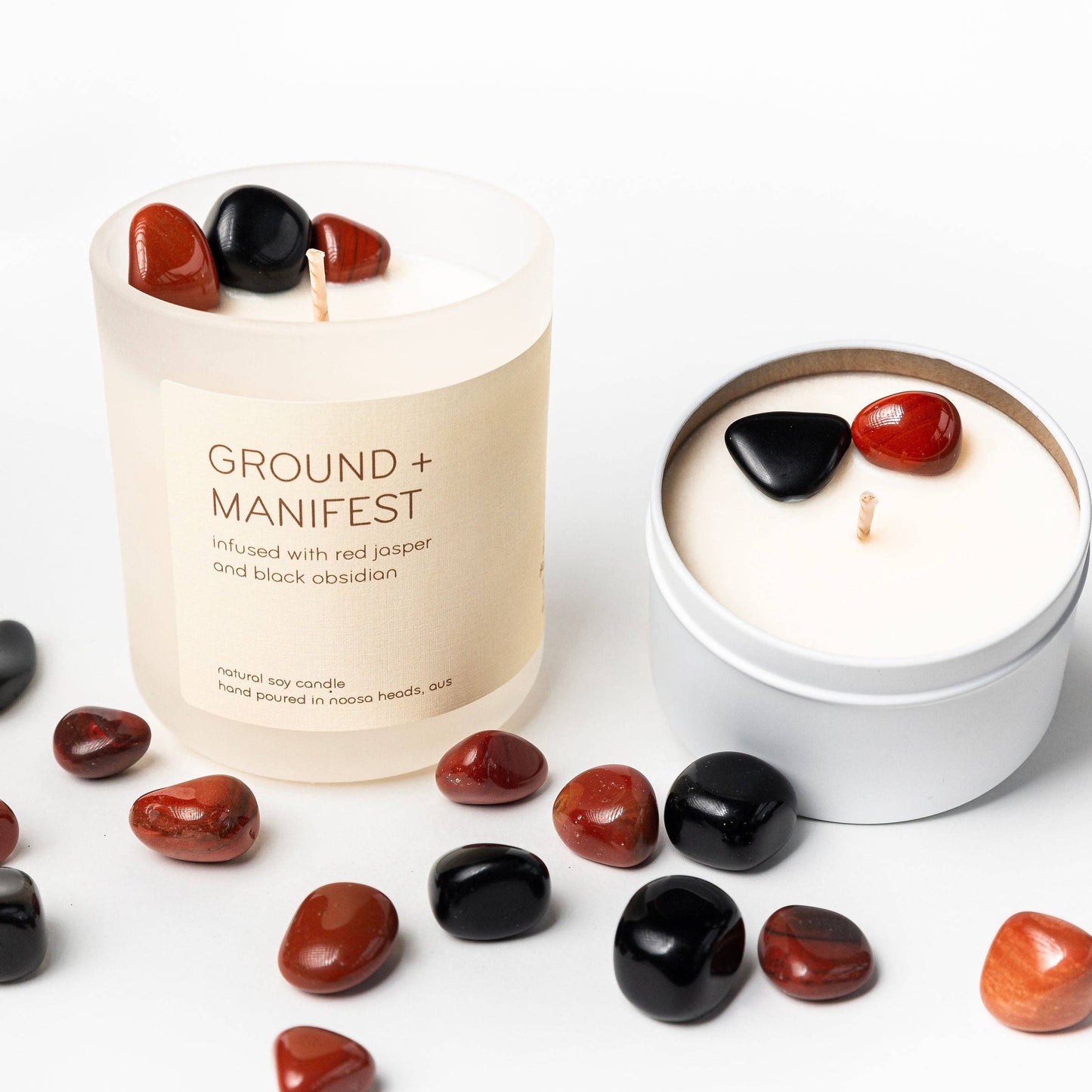 Black Obsidian & Red Jasper Candle - GROUND AND MANIFEST - Lemongrass Ginger: Glass (comes in a box)