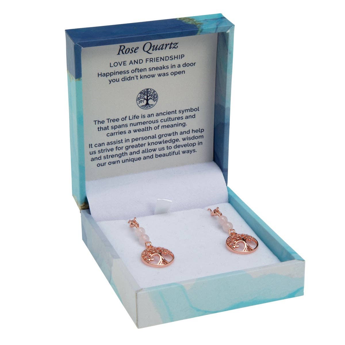 Rose Quartz with Rose Gold Plated Tree of Life Charm Duo Earrings