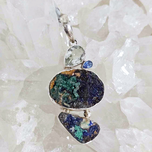 Azurite Malachite Green Amethyst Aquamarine FreeForm Pendant