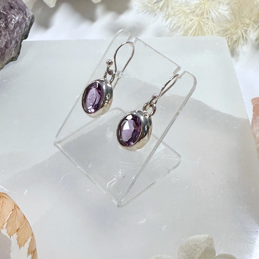 Amethyst Faceted Oval Silver Earrings