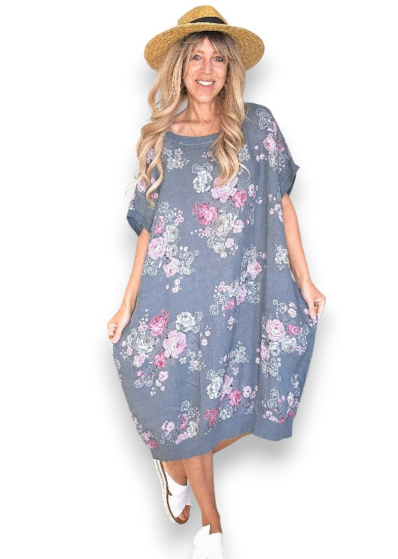 Linen High Tea Dress - Italian - Coastal Grey