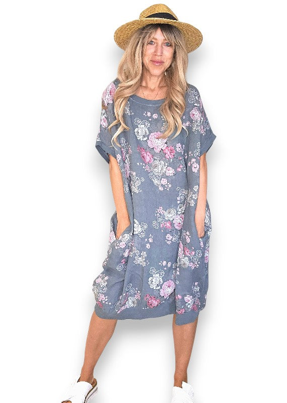 Linen High Tea Dress - Italian - Coastal Grey
