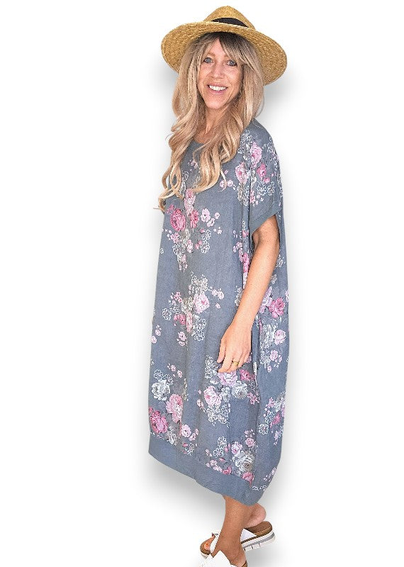 Linen High Tea Dress - Italian - Coastal Grey