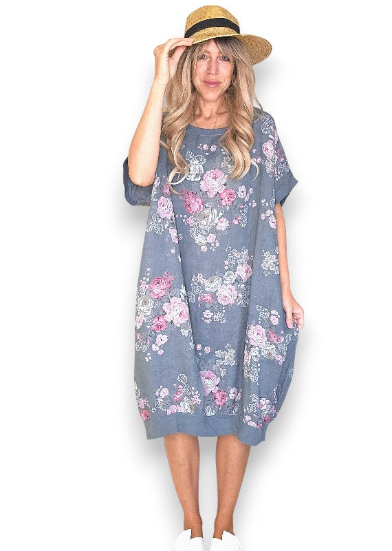 Linen High Tea Dress - Italian - Coastal Grey