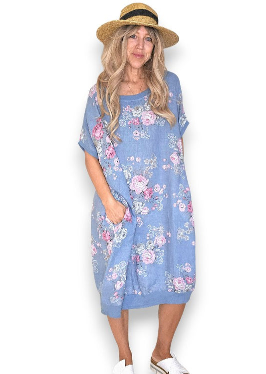Linen High Tea Dress - Italian - Coastal Blue