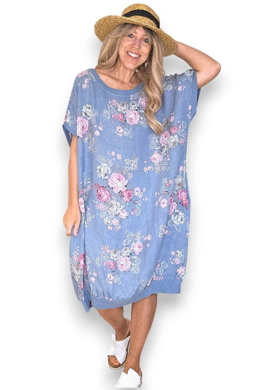 Linen High Tea Dress - Italian - Coastal Blue