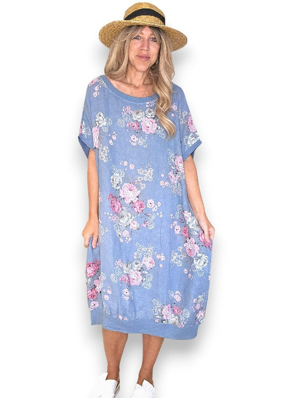 Linen High Tea Dress - Italian - Coastal Blue