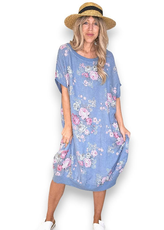 Linen High Tea Dress - Italian - Coastal Blue